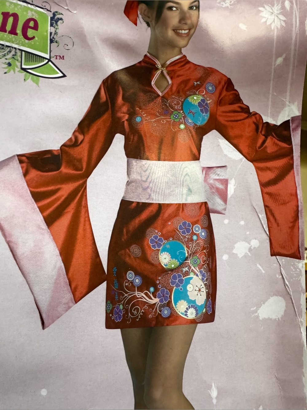 “Kimono Kutie” Embroidered Satin Costume Dress with Obi Belt + Hair Fan Bow-clip